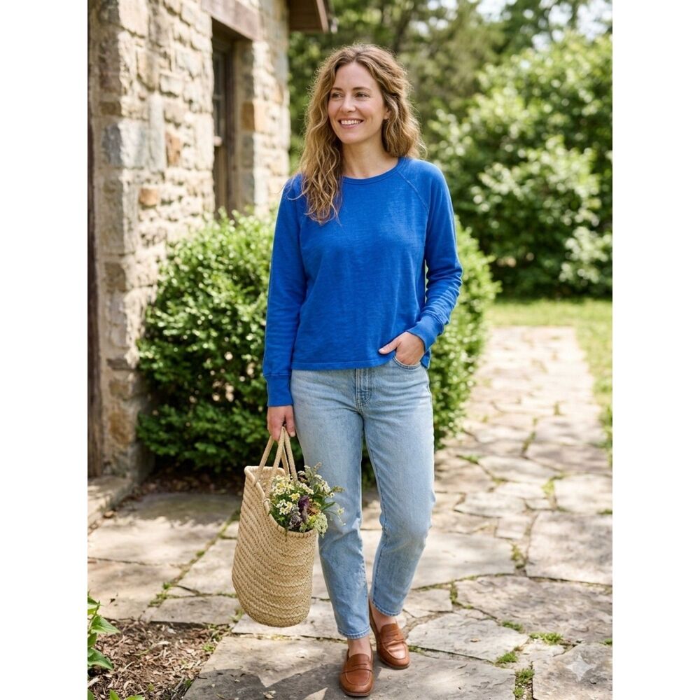 imogene + willie Royal Blue Raglan Long Sleeve Cotton Hemp Top Crewneck Large